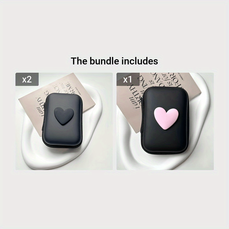 Heart-shaped PU leather case for earphones and charger with zipper closure. Features anti-fall design, cable organizer, and no battery required.