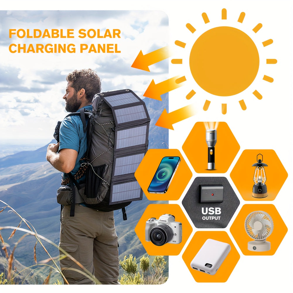 Portable foldable solar charger panel with high-efficiency monocrystalline silicon and USB charging for phones and fans. Ideal for outdoor camping and travel, with no battery and