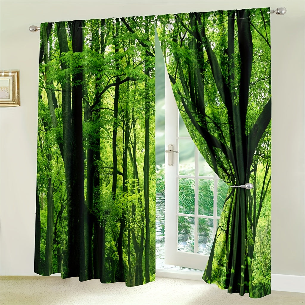 Set of 2 Forest Green Tree Curtains featuring Jungle Branches, Nature Scenery. Perfect Window Treatment for Bedroom or Living Room Home Decor with Rod Pocket Design.