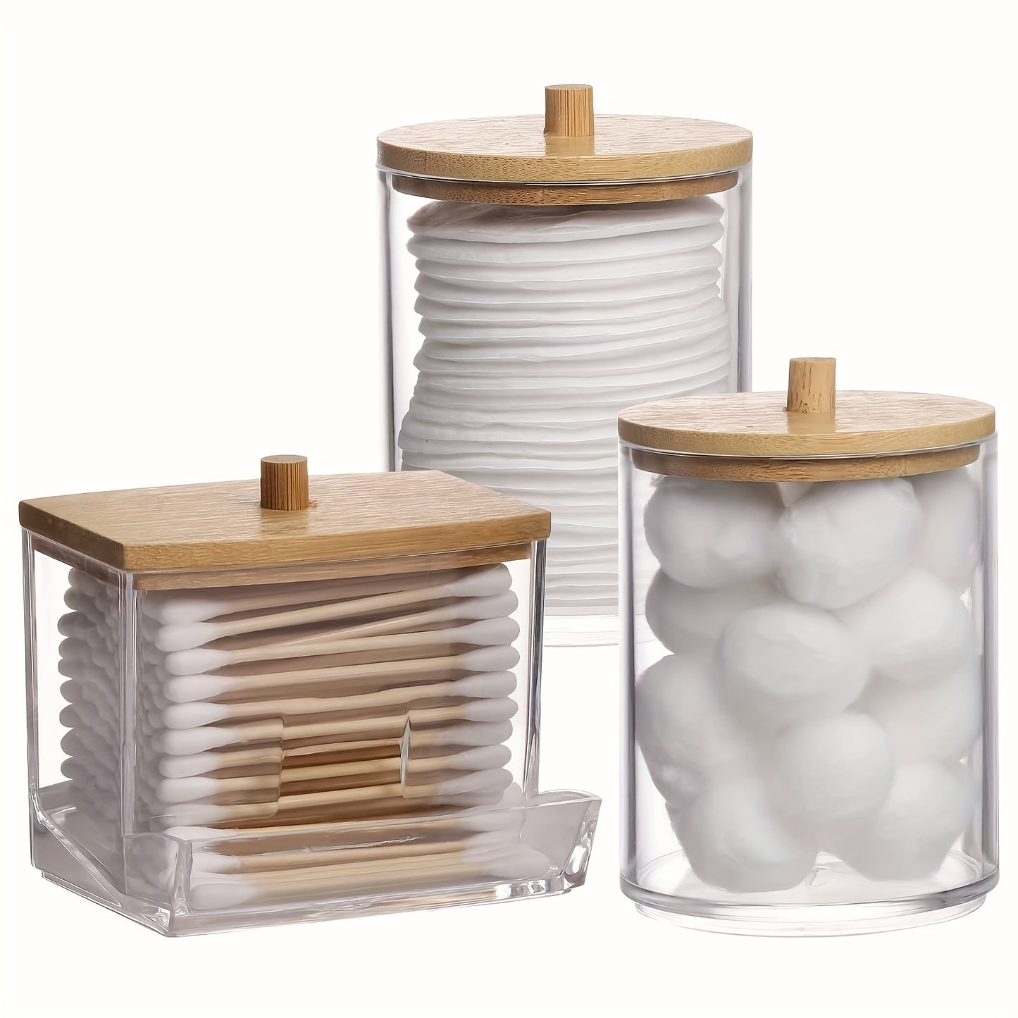 3 Qtip Dispensers and a 7/10 oz clear plastic medication jar kit for organizing bathroom and vanity storage.