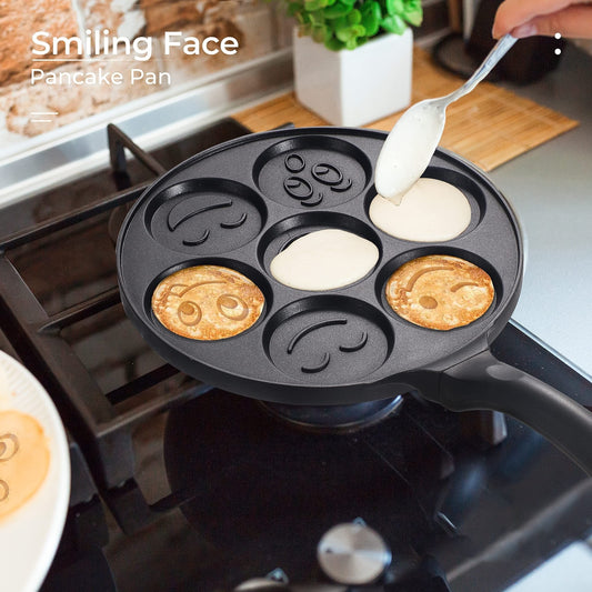 [Bestselling] Mini Pancake Maker Pan - 7 ta qiziqarli yuz dizayni bilan - Oson nonushta, pancake va boshqa taomlar uchun yopishqoq alyuminiy qovurish panasi