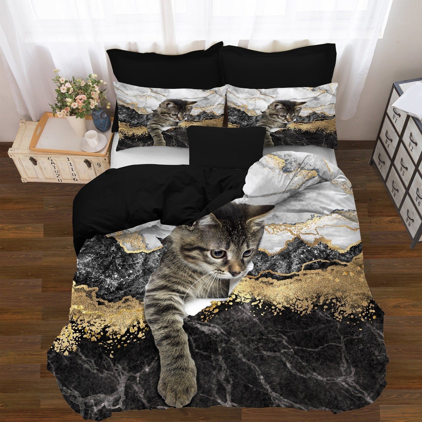 1 Cat & Marble Duvet Cover Set with Pet Cat Pattern Bedding Set featuring a Cute Kitten Printed Comforter Cover. Ideal for Boys, Girls, and Teens with an adorable 3D Animal Theme. The perfect Cat Lover's Gift includes 1 Duvet Cover and 1 or 2 Pillow