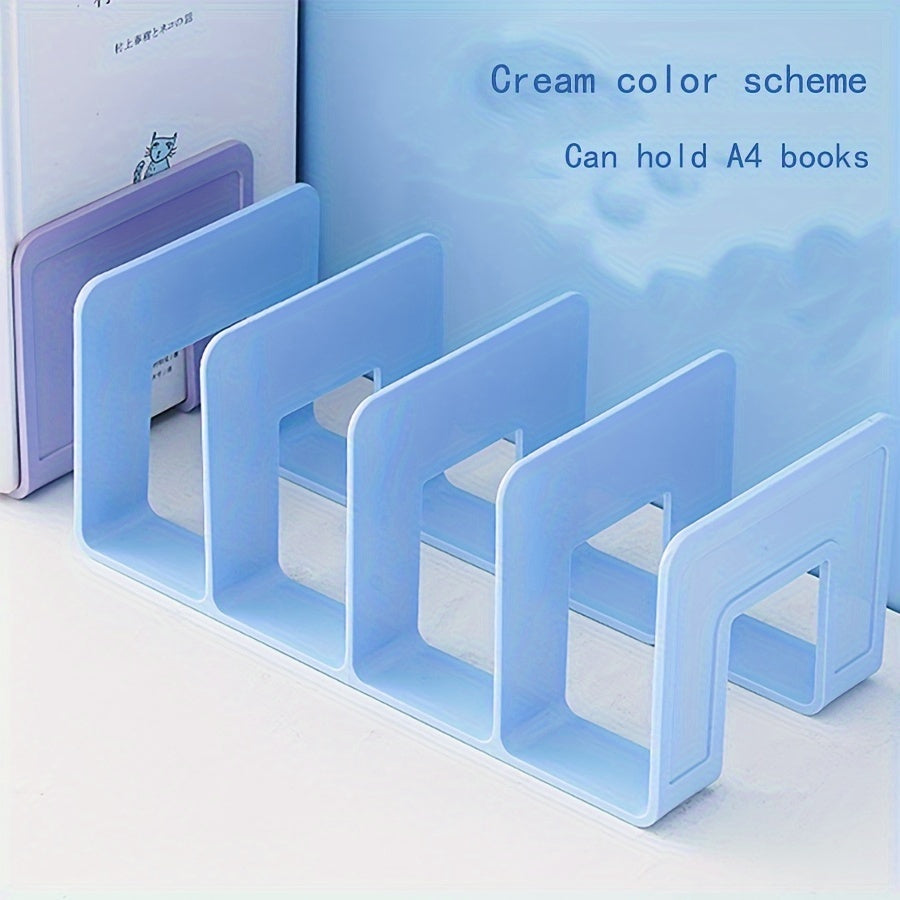 Versatile plastic book organizer for desk or office space-saving storage.