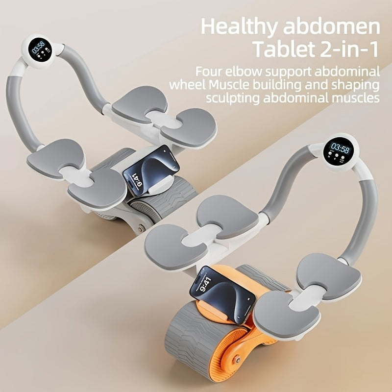 Automatic rebound abdominal roller for fitness, muscle exercise, and core strength training, with counting feature and elbow pads.