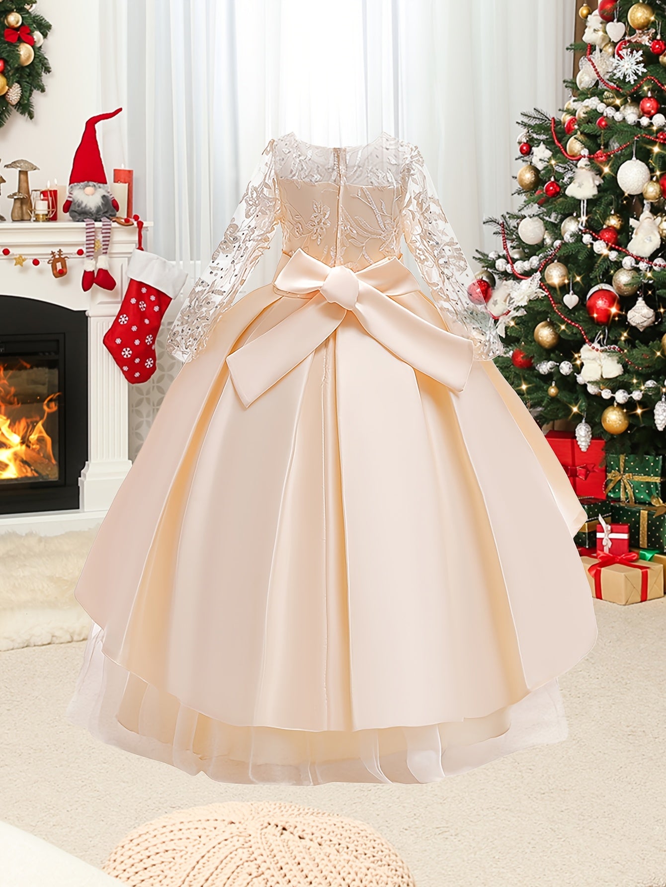 Stylish long sleeve tulle wedding dress with crew neck, polyester viscose fabric, and bow detail. All-season fit and flare costume for a princess-like look.