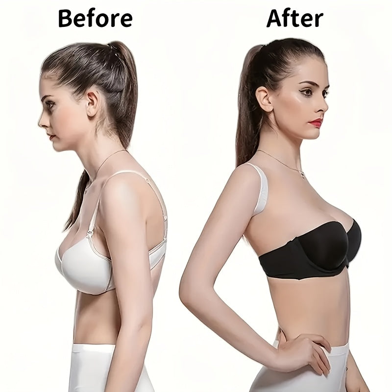 Invisible posture corrector: breathable polyester strap in black, pink, & beige, ideal for posture improvement and daily wear.