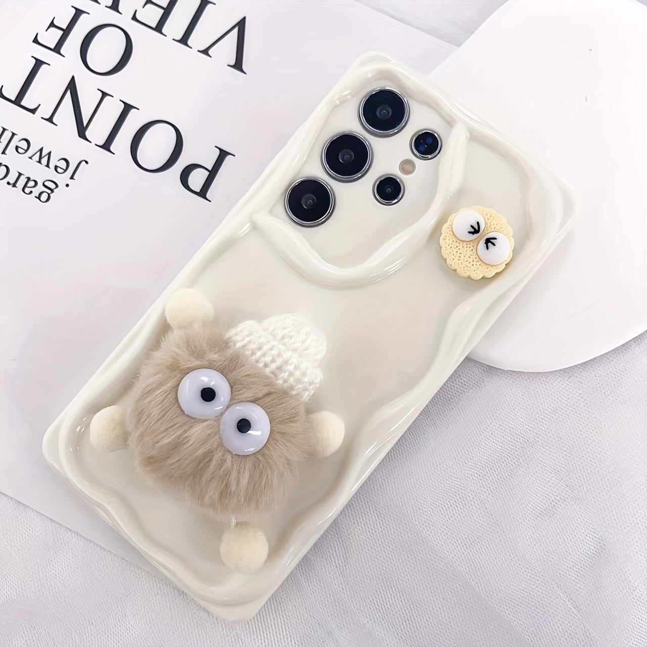 Soft plush cookie-shaped phone case compatible with various Samsung models including A15, A52, A73, A13-4G, A54, S20 FE, S22, S23, A05s, A12, A25, A23, and A33.