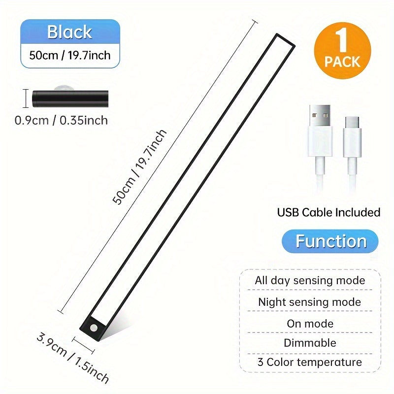 One rechargeable sensor light strip with adjustable brightness and three colors available.