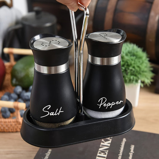 Set of 2 Glass Salt and Pepper Shakers with Holder - 4 oz Refillable Stainless Steel Lidded Spice Dispensers, Perfect for Kitchen, Home, RV, Camping, BBQ - Patterned Shaker Pots for Farmhouse Decor, Wedding Gift