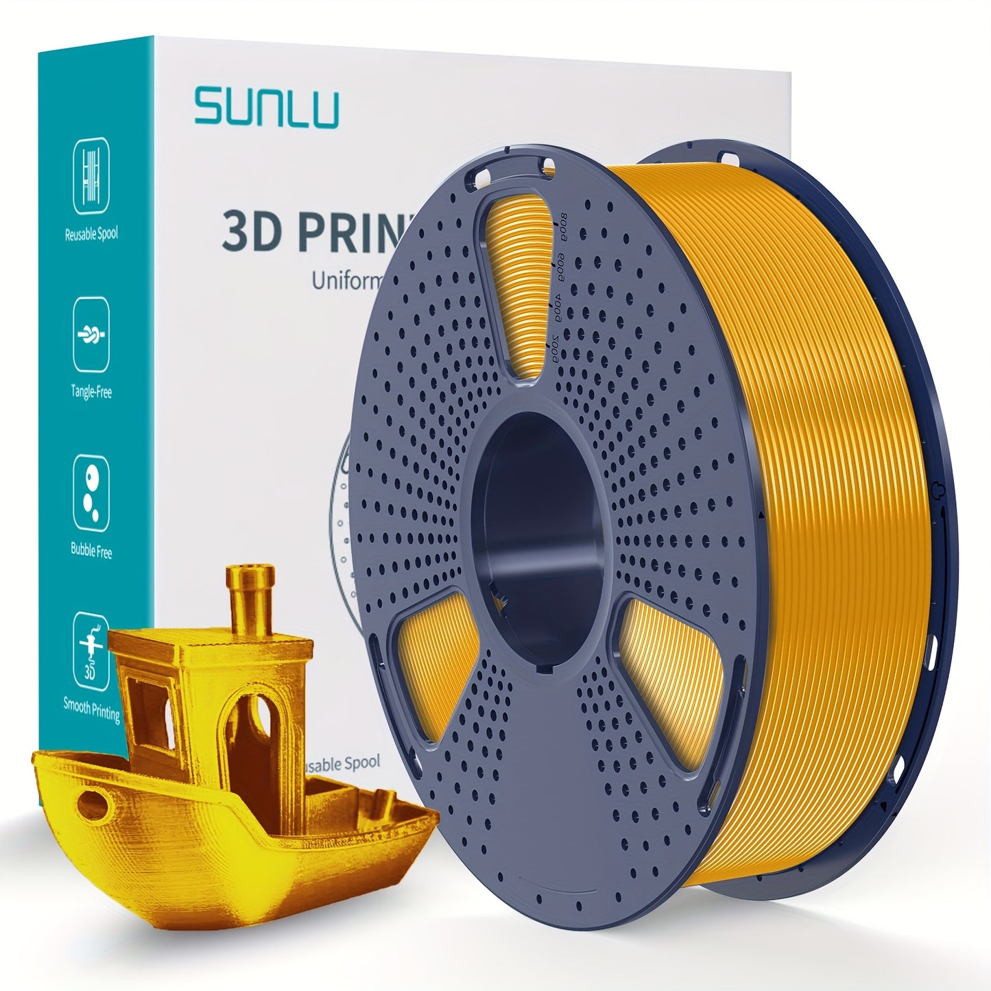 1kg of SUNLU Shiny PLA 3D Printer Filament, 1.75mm, with Smooth Surface and Dimensional Accuracy +/- 0.02mm in Light Golden Color.