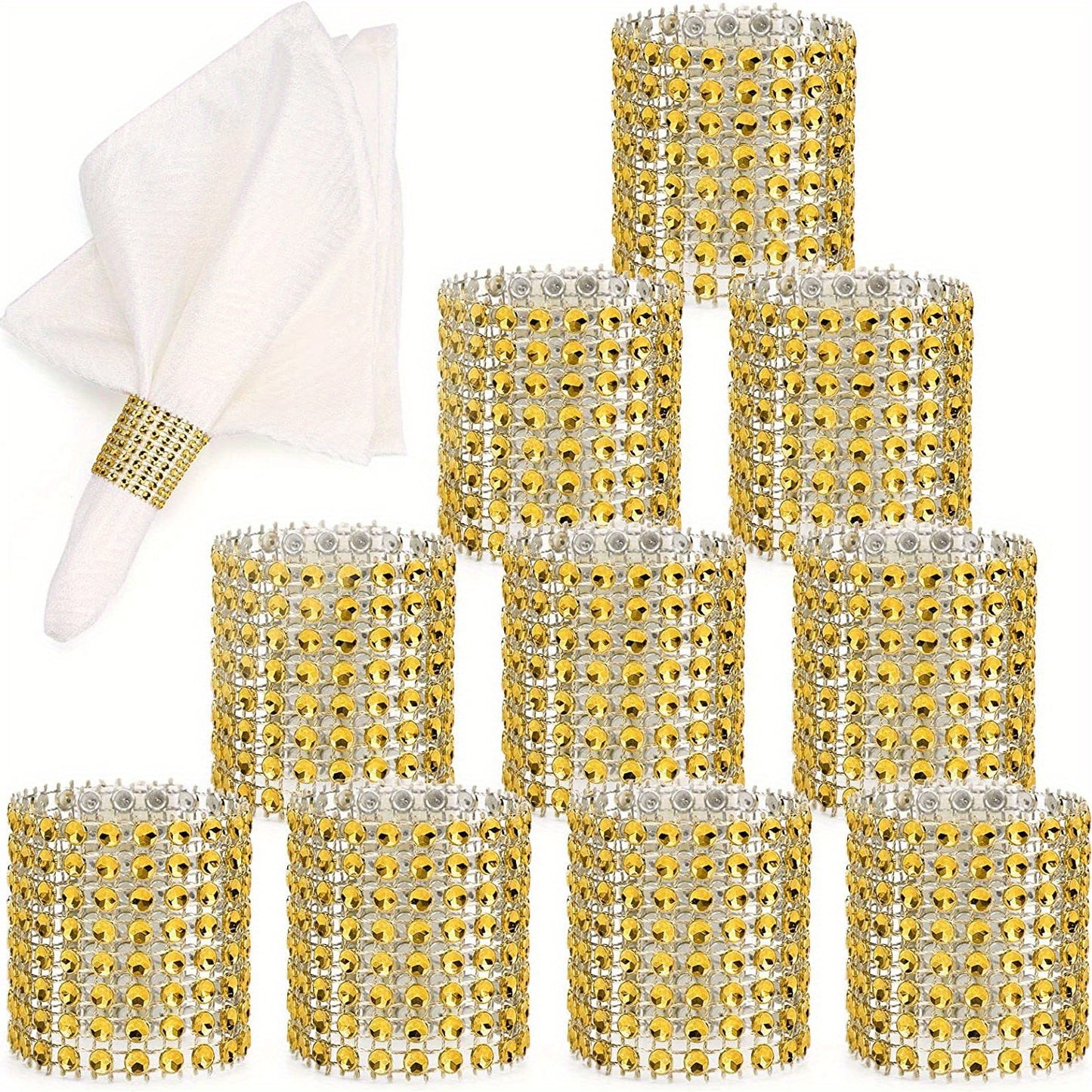 20 golden plastic napkin rings for table decorations at weddings, dinners, parties, or DIY projects.