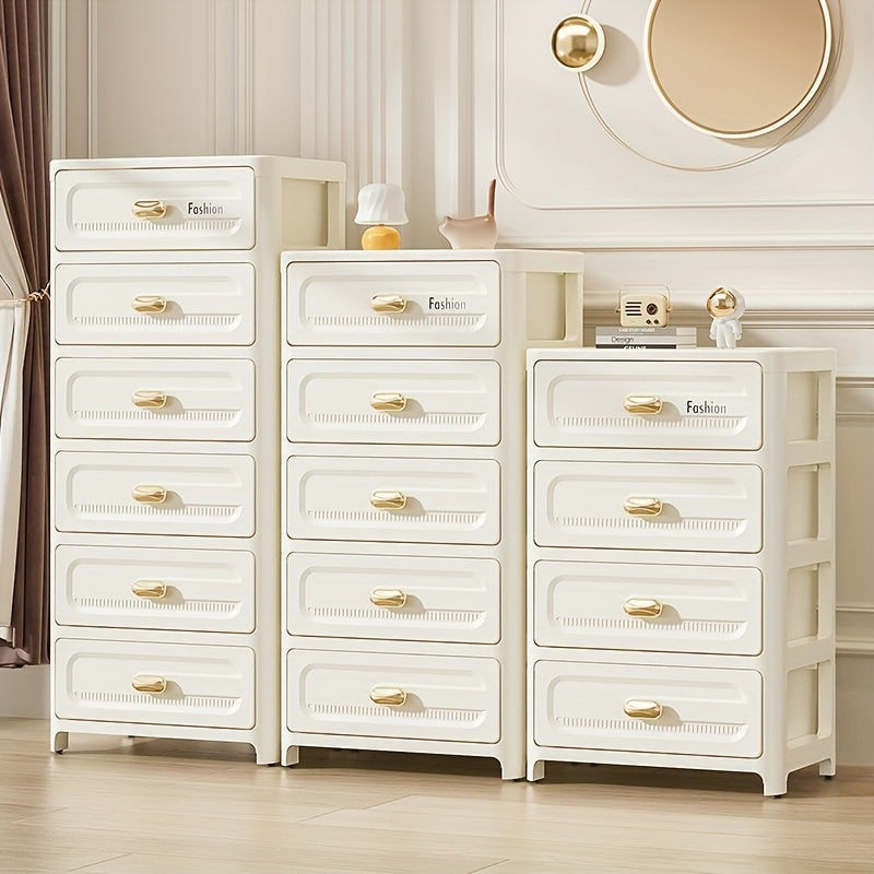 Rolling storage cabinet with drawers in white with transparent fronts, golden handles. Ideal for office, living room, bedroom. Perfect for snacks, documents, underwear, cosmetics. Great for