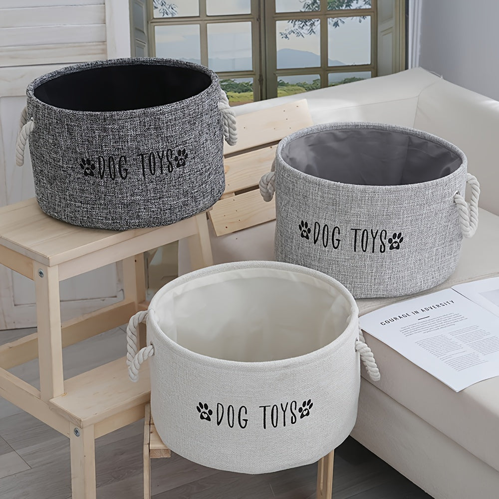 Canvas basket for storing dog toys.