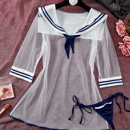 Sexy Preppy cosplay costume: sheer mesh sailor dress with thong.