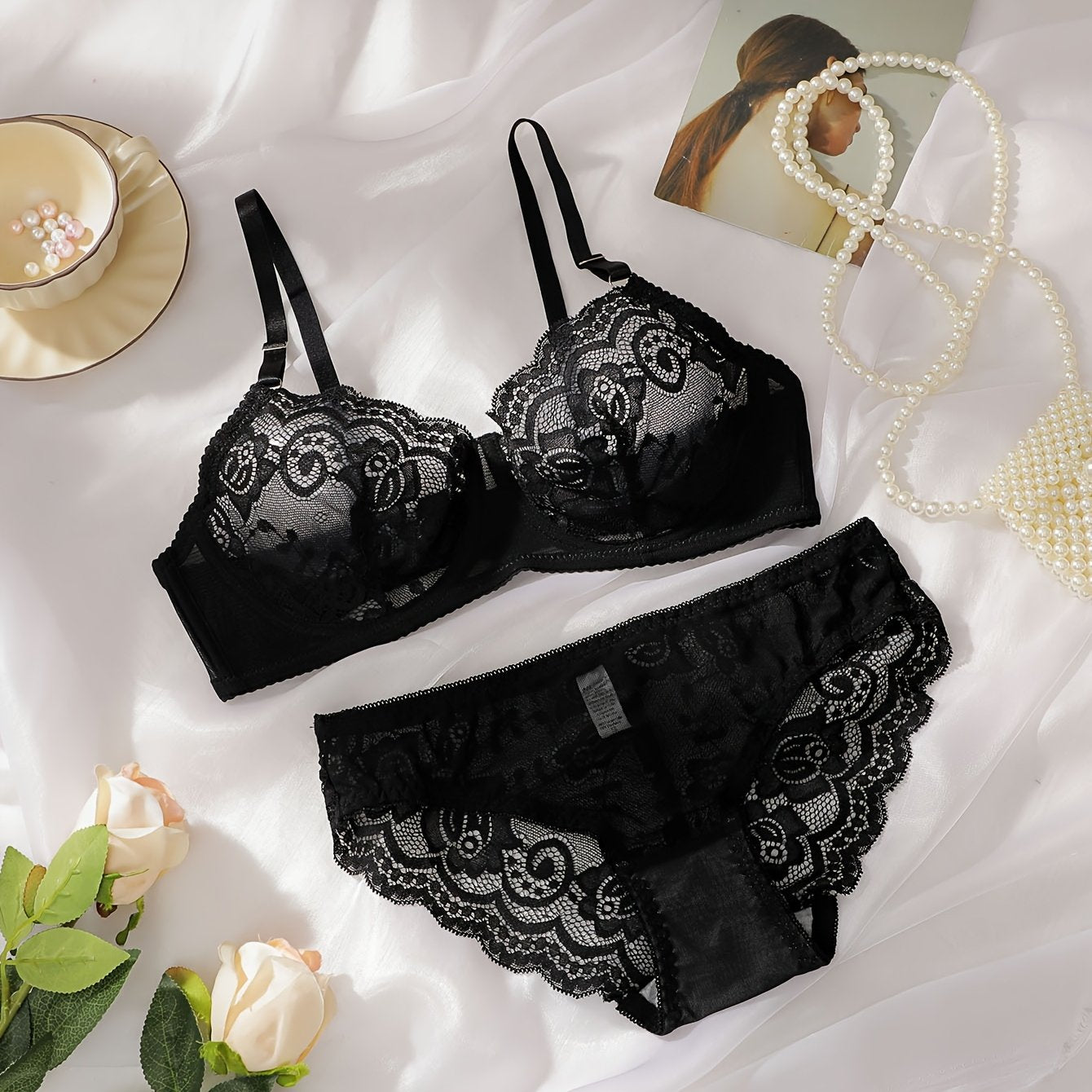 Sexy lace lingerie set for women, mid-rise bra and panties, adult intimate apparel made of 90% polyamide and 10% elastane.