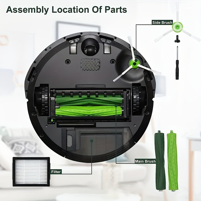 26 sets of replacement parts for LRobot E/i/j Series, including E5, E6, E7, I2, I3, I4, I4+, I6, I6+, I7, I7+, and I8. Each set includes 2 multi-sided adhesive roller brushes, 8 filters, 8 side brushes, and 8 vacuum bags.