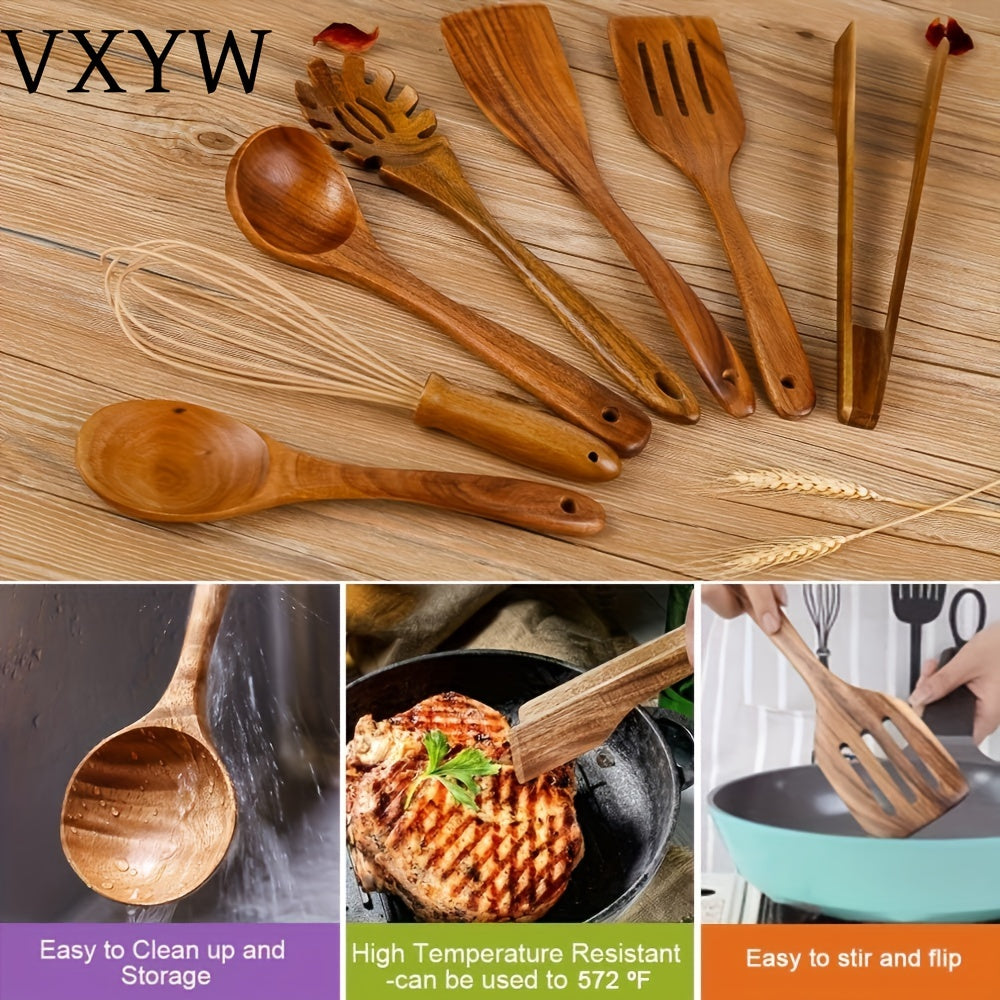 Set of 7 wooden utensils for cooking, including spoons and spatulas. This safety non-stick cookware set is an essential addition to your kitchen gadgets and accessories.