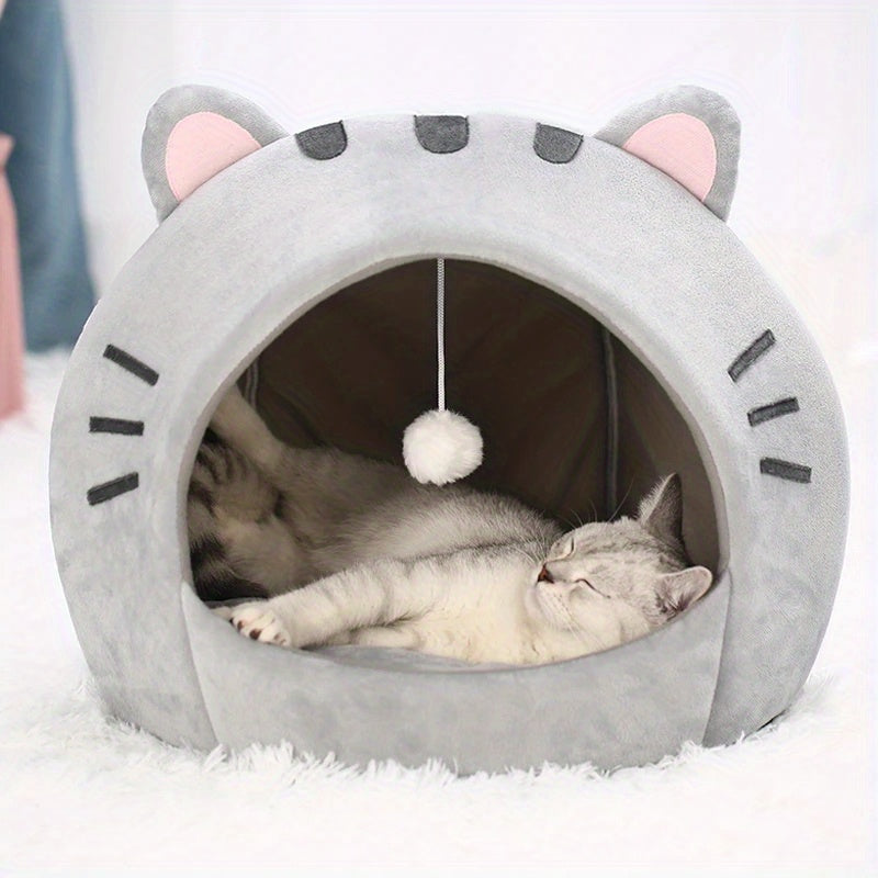 Polyester fiber cat bed with cushion and small tent for indoor pets.