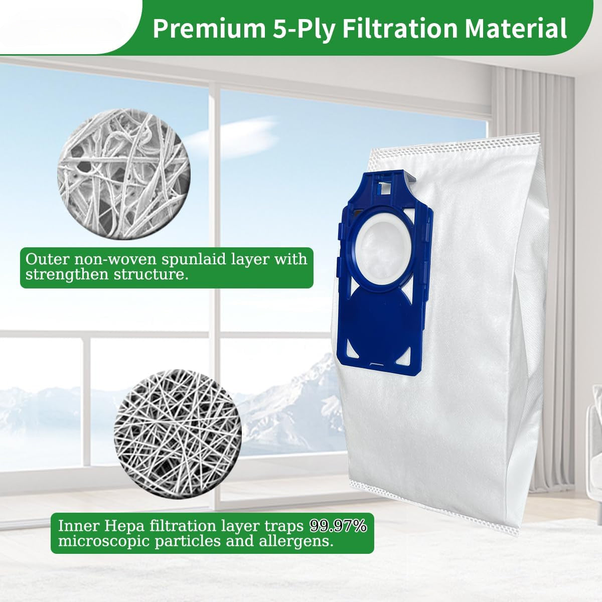 Get a 6 pack of HEPA vacuum bags that are compatible with Riccar Brilliance & Simplicity Synchrony models. These bags have 5-ply high-efficiency filtration, a durable non-woven outer layer, and are designed for allergen trapping. They are the perfect