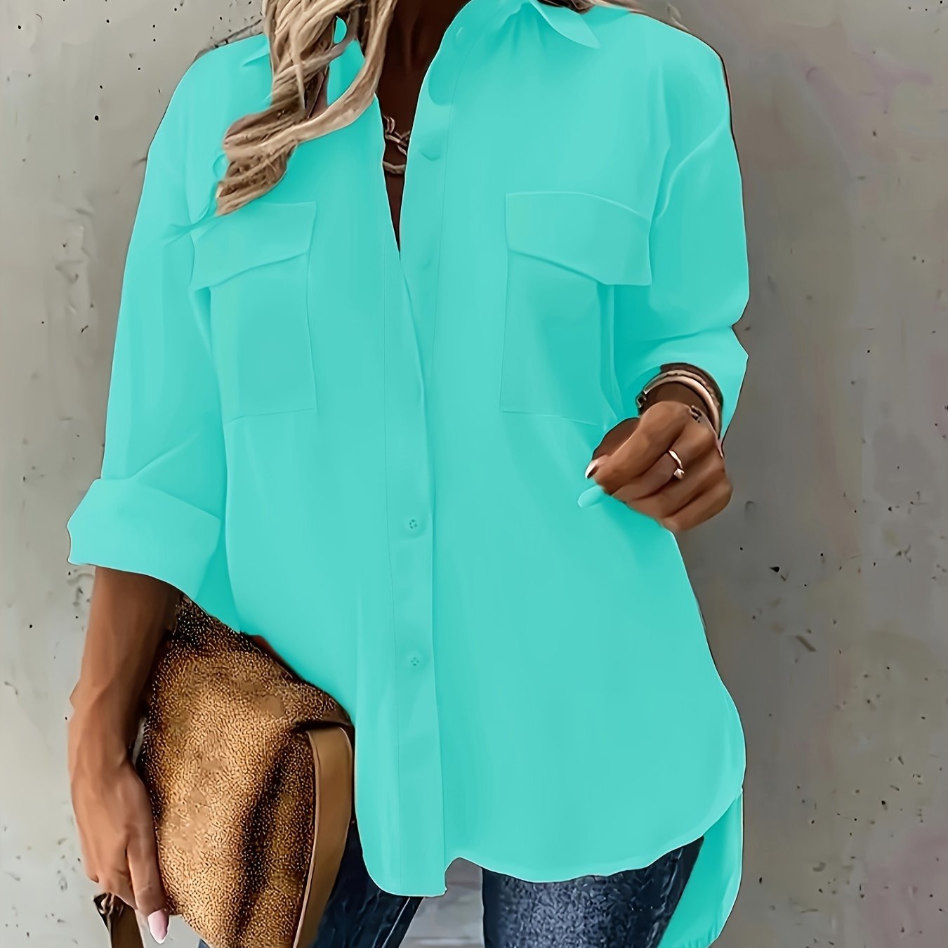 Plus size casual button front shirt with flap pockets, perfect for spring.