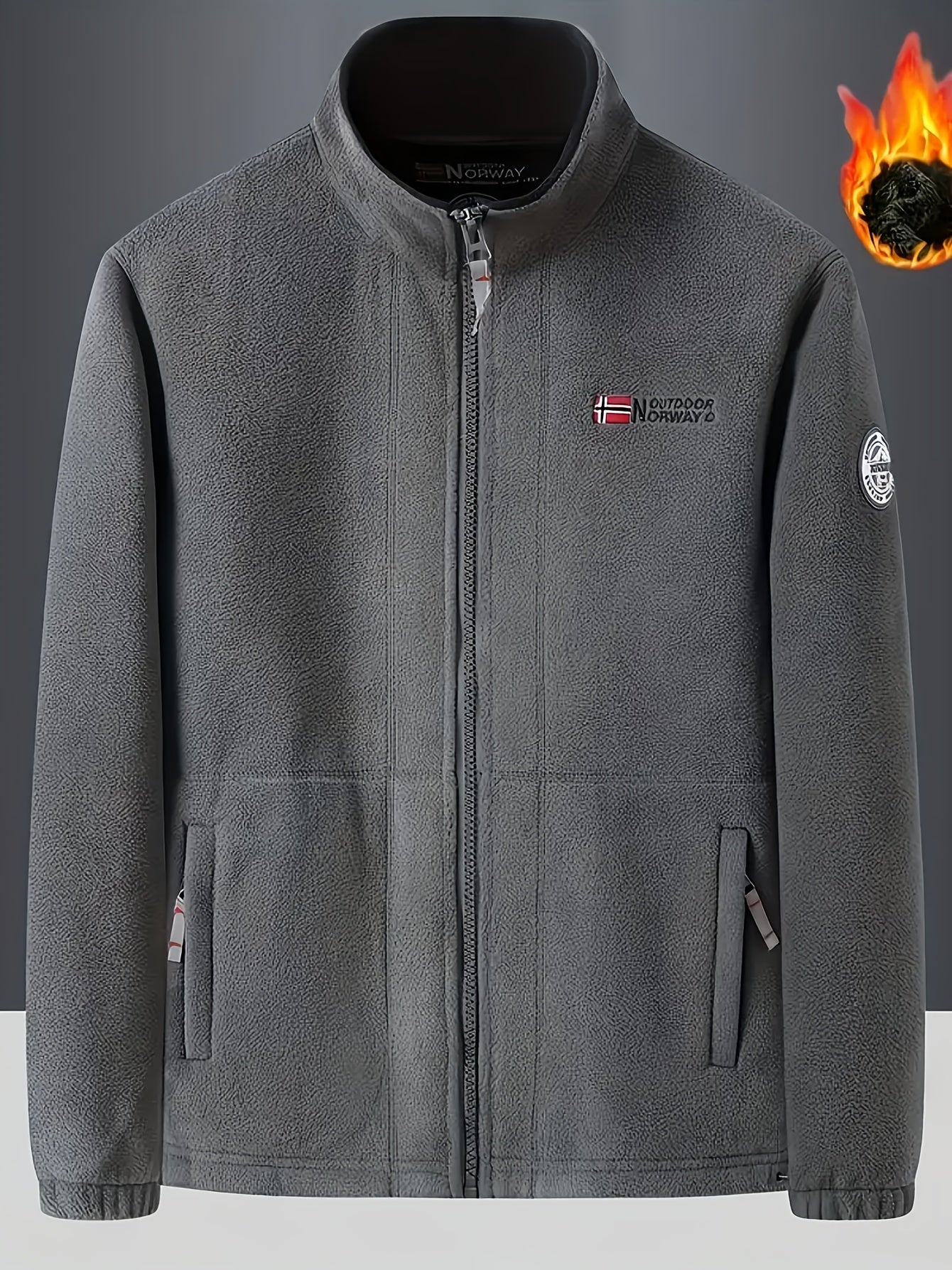 Men's casual fleece-lined jacket with stand collar, embroidery, zip-up cardigan, and warm knit fabric for fall/winter sports.