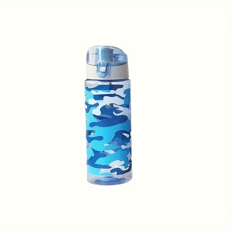 Camouflage sports water bottle, 600ml capacity, ideal for camping, hiking, fitness, and outdoor activities. Suitable as a birthday gift for travel enthusiasts.