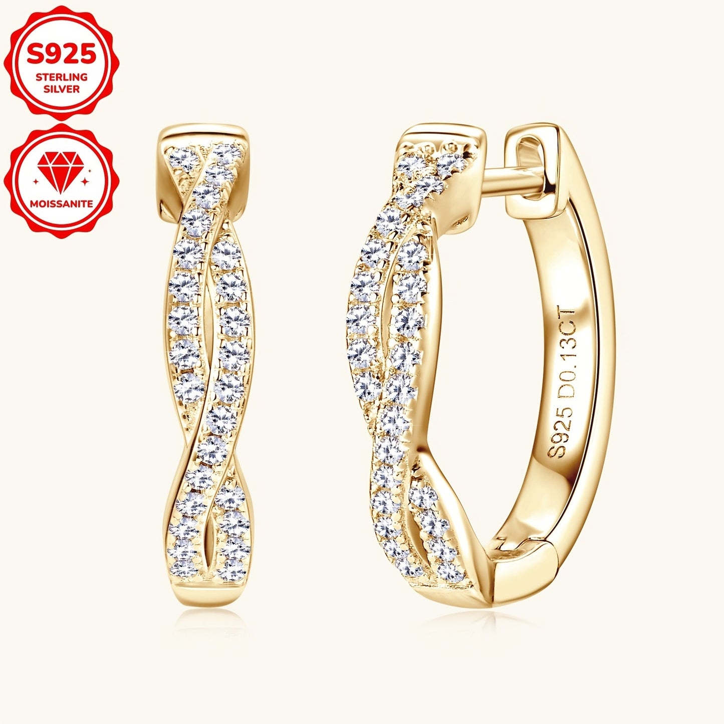 Featuring a silvery Gram Weight of 3.29g, embellished with 52 pieces of 1mm Moissanite stones totaling 0.13ct each, this elegant pair of earrings is crafted from 925 Sterling Silver. With a unique twist design, these Women's Fashion Hoop Earrings are