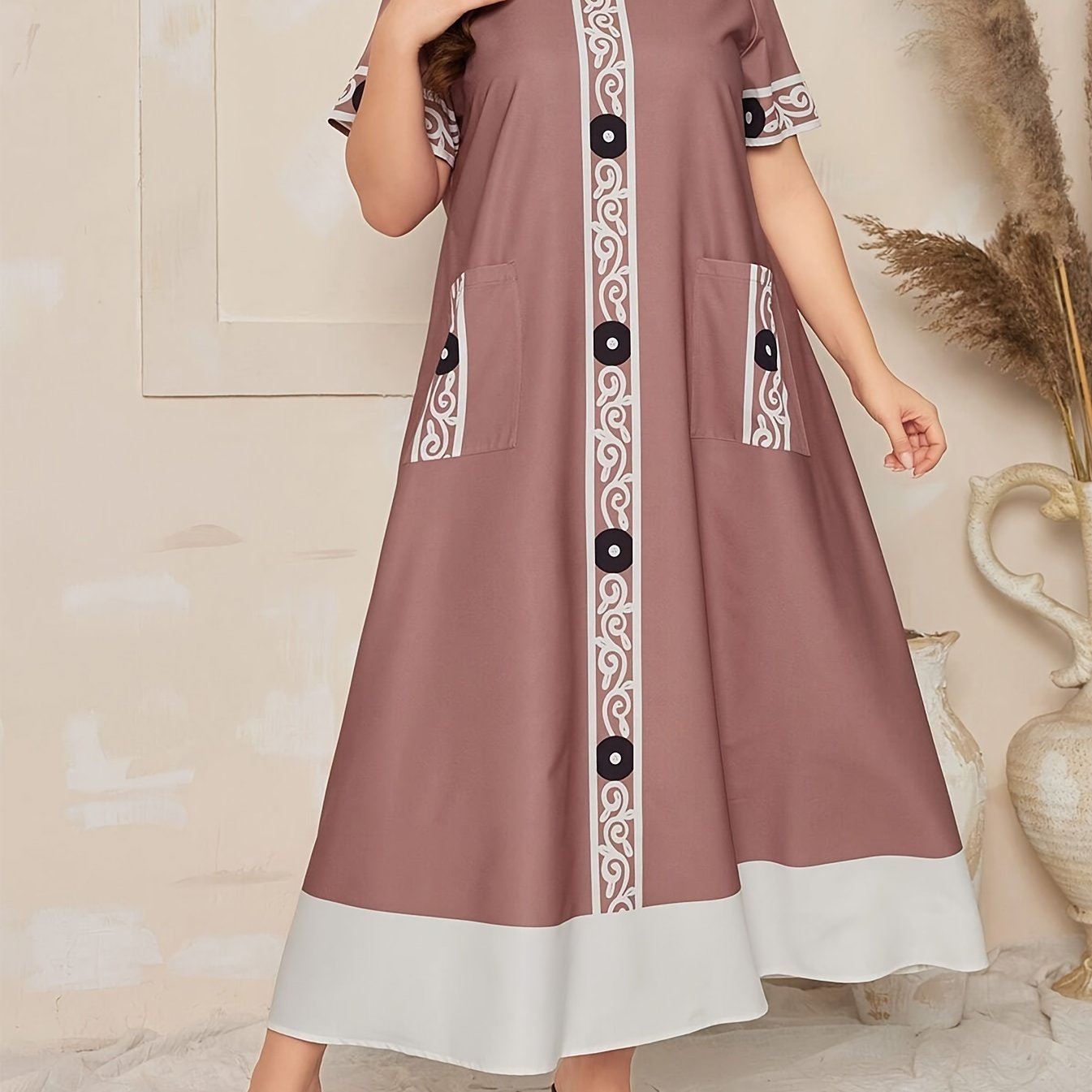 Color-block printed splice dress with double pockets, 100% polyester, fitted, non-stretch woven fabric, ideal for all seasons - Elegant plus size fashion.