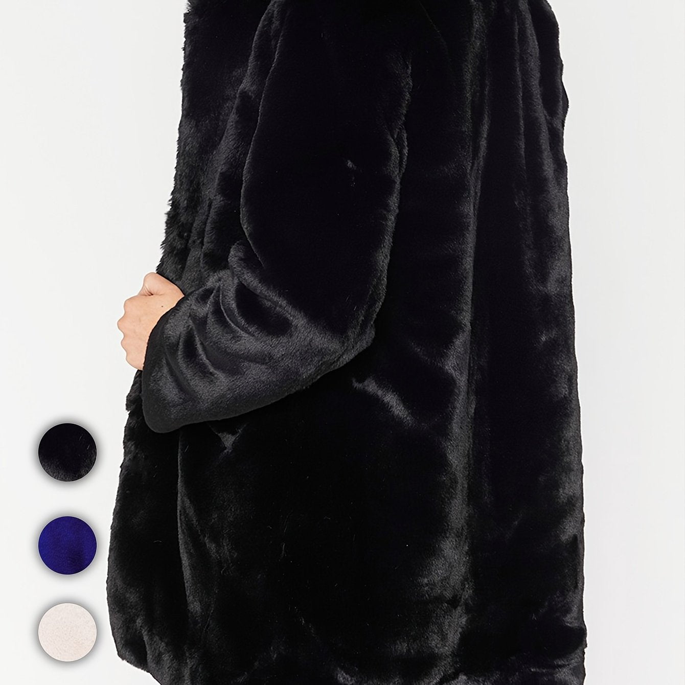 Chic women's faux fur coat with V-neck, long sleeves, and pockets. Ideal for fall/winter, made of soft polyester for comfort and style.