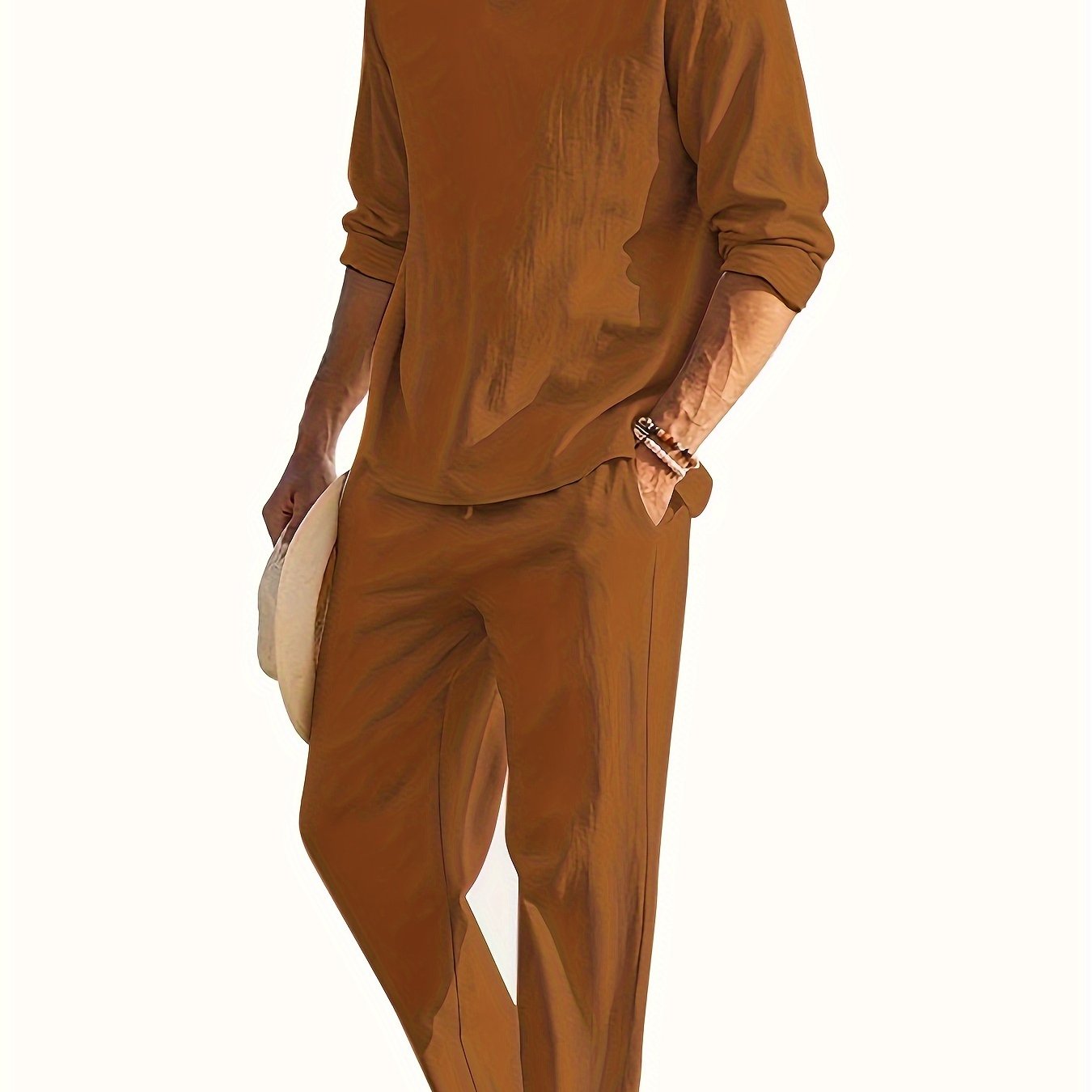 2024 European and American Men's Two-Piece Leisure Set with V-neck Commuting Suit and Solid Color Long Sleeve Trousers.