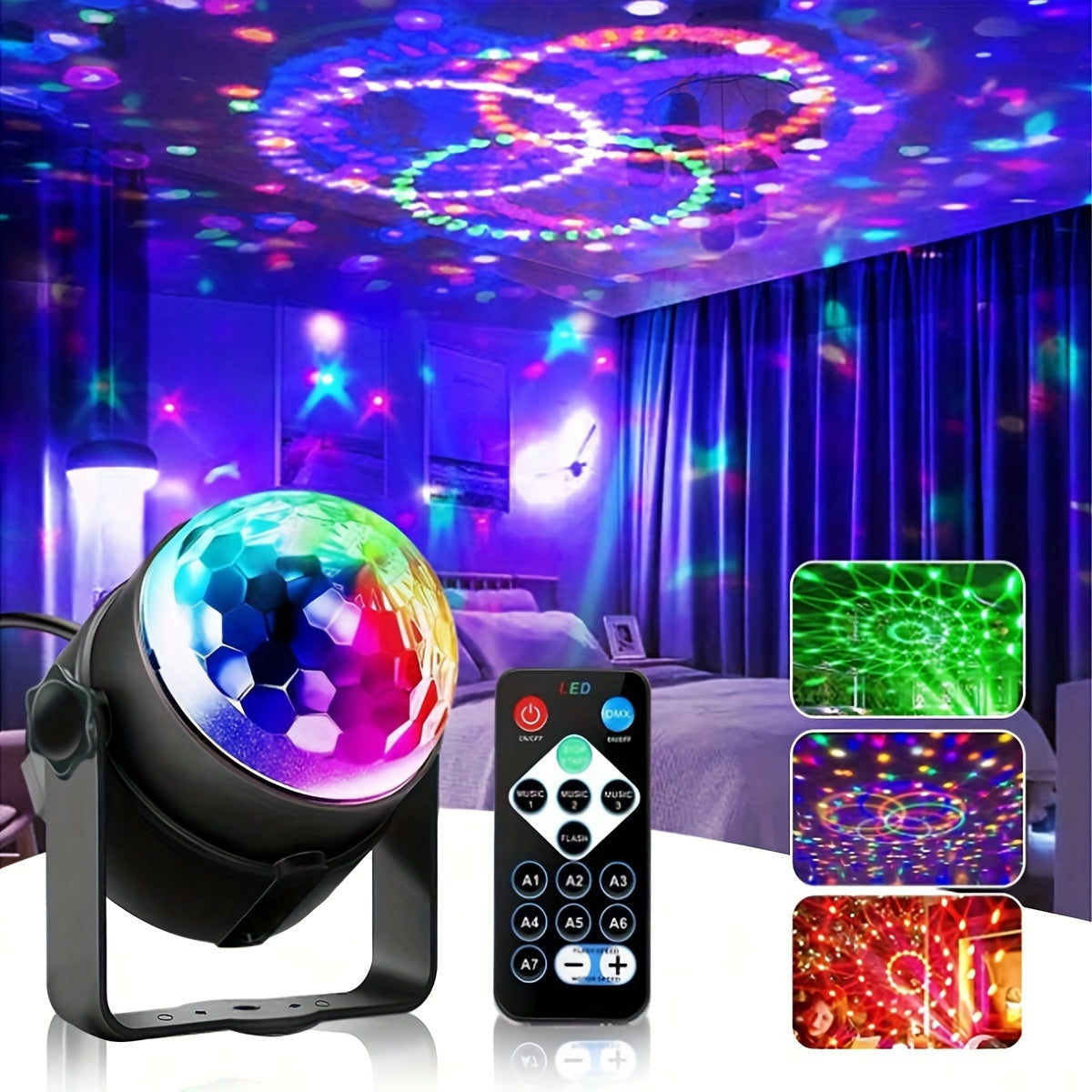 RGB Disco Ball Light with 7 lighting modes, remote control, USB-powered, freestanding plastic construction, ideal for home parties, bars, karaoke, weddings. No laser, multiple room use with button battery operation.