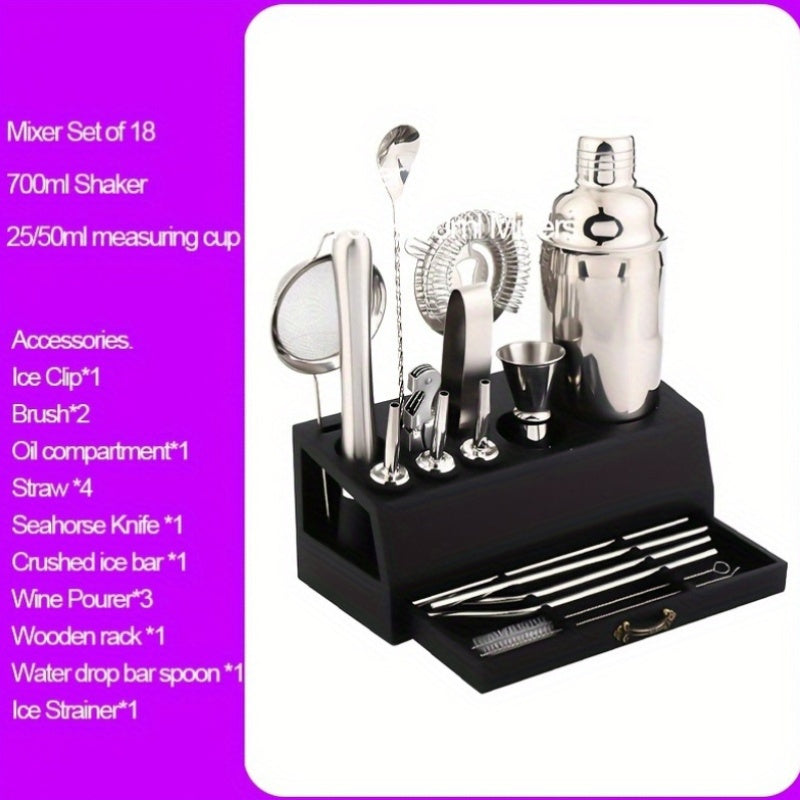 Essential Barware Tools Set - 18-Piece Stainless Steel Cocktail Shaker Set with Jigger, Pourer, Corkscrew, Muddler, Brush, Teardrop Bar Spoon, Garnish Tray, Straws - Complete Bartender Kit for Home, Bar, and Party Drink Mixing