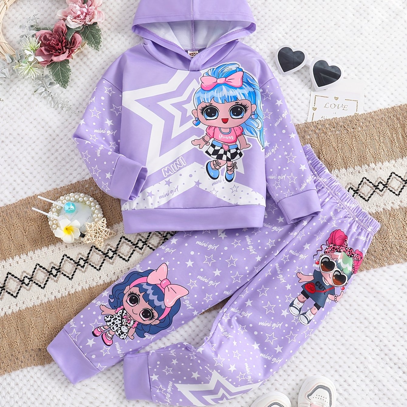 2pc Mini Girl Graphic Outfits: Hoodies + Jogger Pants