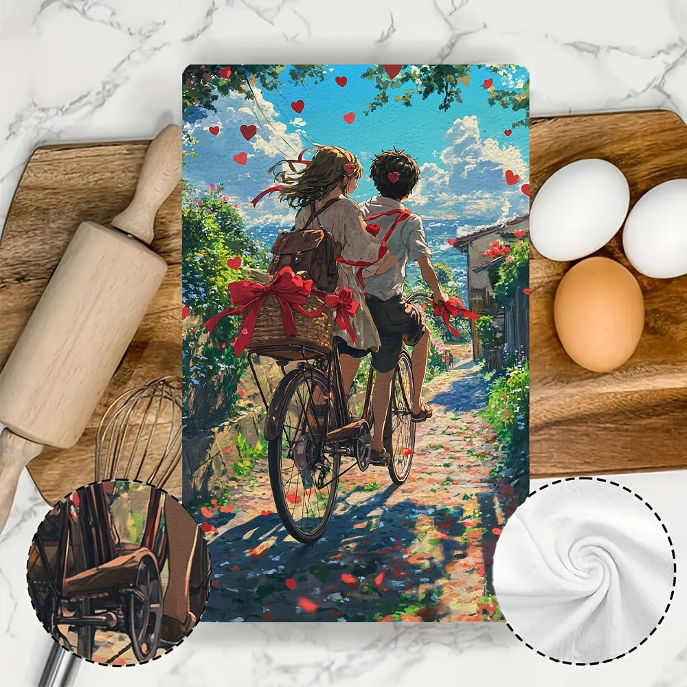 This set includes 2 ultra-soft kitchen towels showcasing an anime couple riding a tandem bicycle decorated with red ribbons and heart-shaped bells on a scenic country road. These highly absorbent dish towels are ideal for holiday decor, can be easily