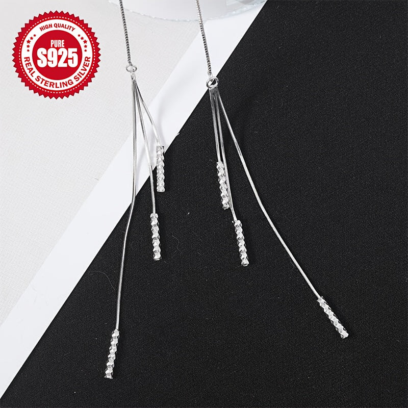 925 silver ear line with low allergy, featuring a silvery small tube tassel design with multiple chain ear line and angular texture. This elegant piece exudes a classic and versatile temperament, making it a perfect birthday, Christmas, or Valentine's