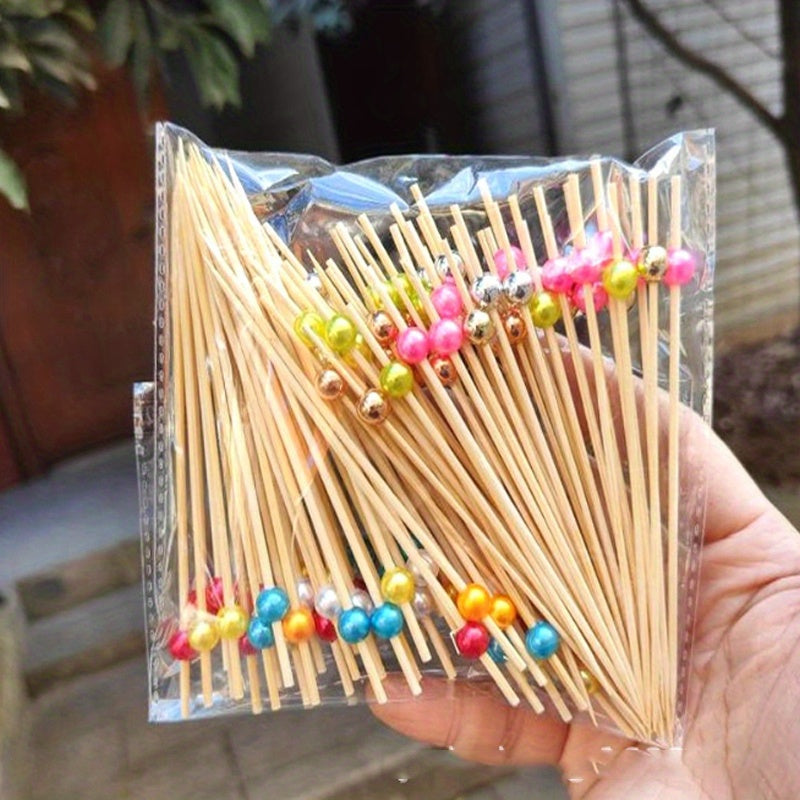 100 fancy handmade bamboo cocktail picks for appetizers, fruit, and BBQ parties, measuring 4.7in.