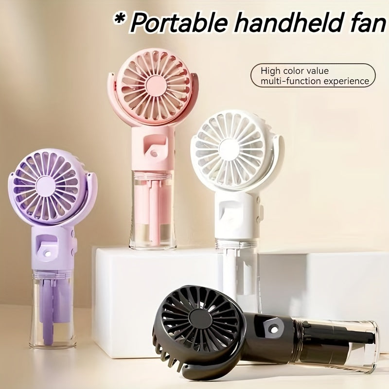 Compact, rechargeable handheld spray fan and mini facial steamer, perfect for on-the-go use during travel and outdoor adventures.