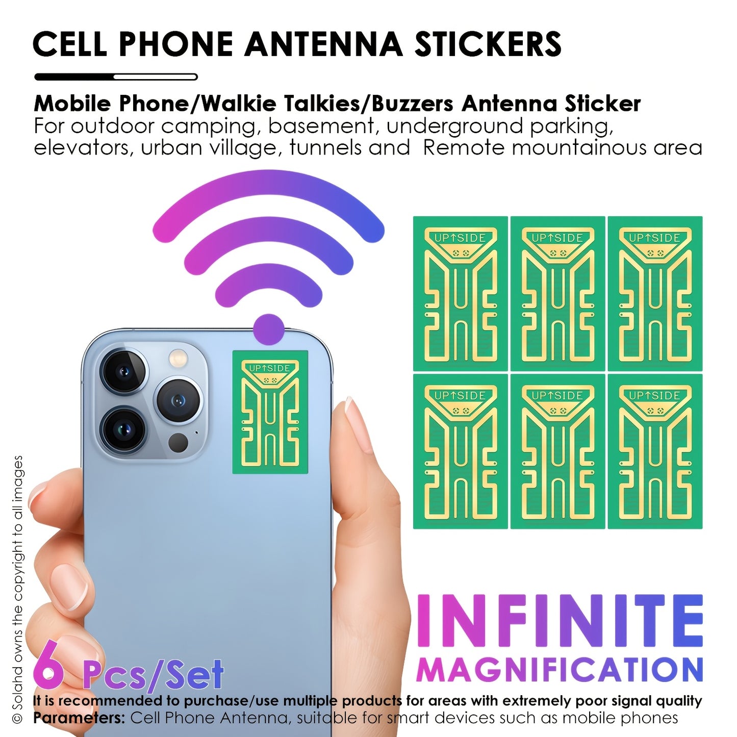 Compact, lightweight antenna stickers for portable devices enabling network connections in isolated areas, ideal for outdoor enthusiasts. Can be used with computers and wireless gadgets.