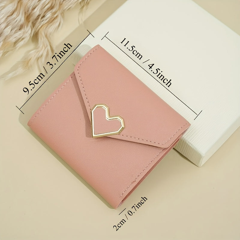 Women's mini wallet with heart-shaped design, card slots, coin pouch, faux leather