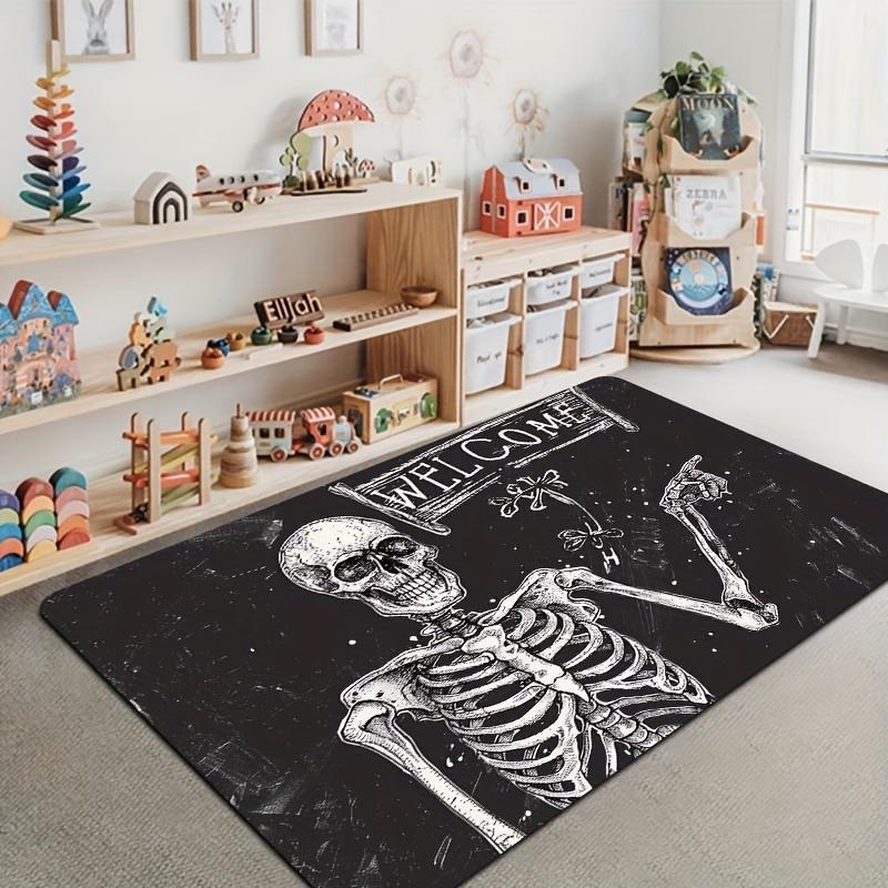 Skeleton Welcome Doormat - Machine Washable Polyester Flannel Indoor Mat with PVC Backing, Rectangle Textile Mat for Laundry, Bathroom, Kitchen, Living Room, Bedroom Entrance Decoration - Area Mat that is Washable