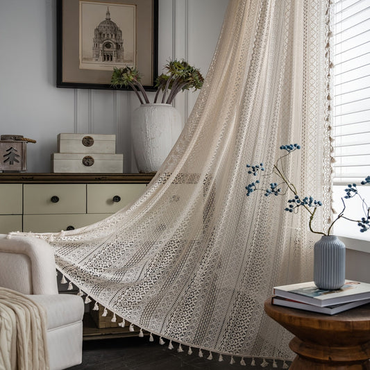 Stylish Boho Beige Curtains with Fringe and Gold Detail - UV Protection, Rod Pocket Design for Living Room and Kitchen Décor