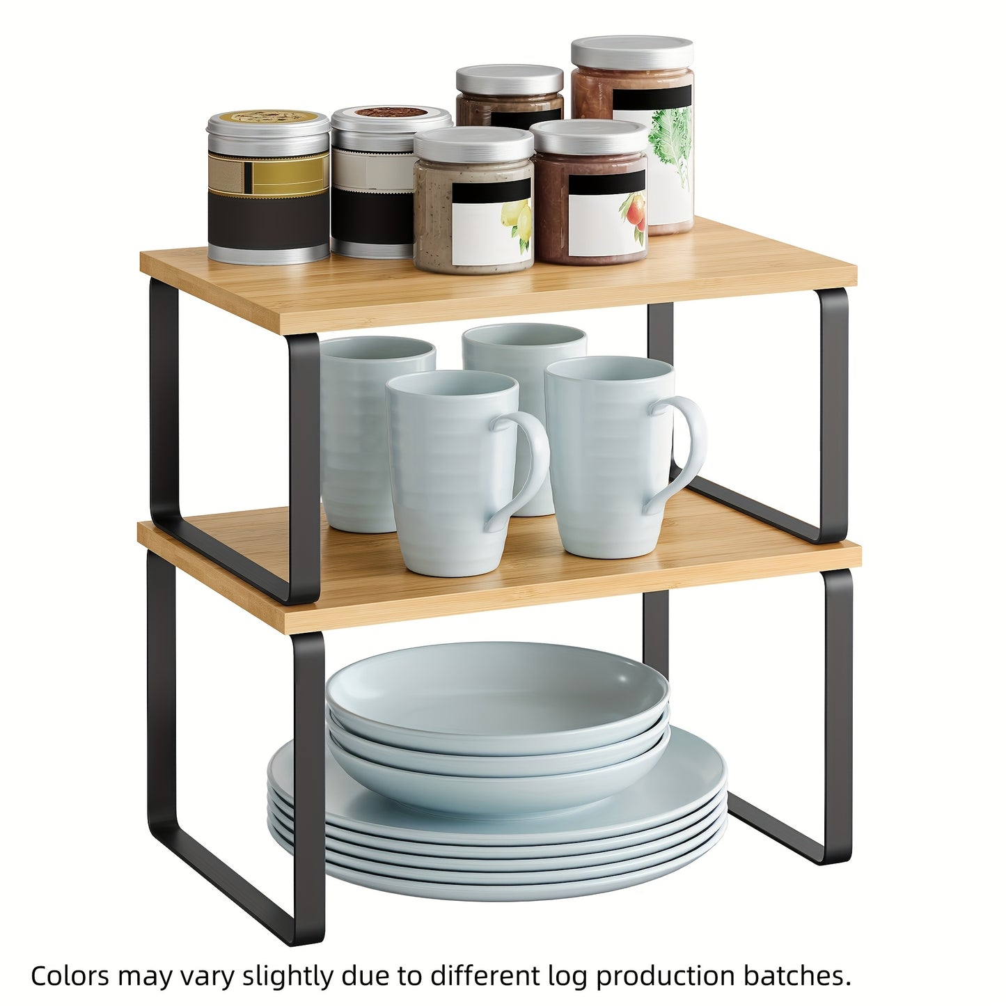 Pair of WONGIRL adjustable kitchen cabinet organizer shelves, stackable and expandable, made of metal and wood.