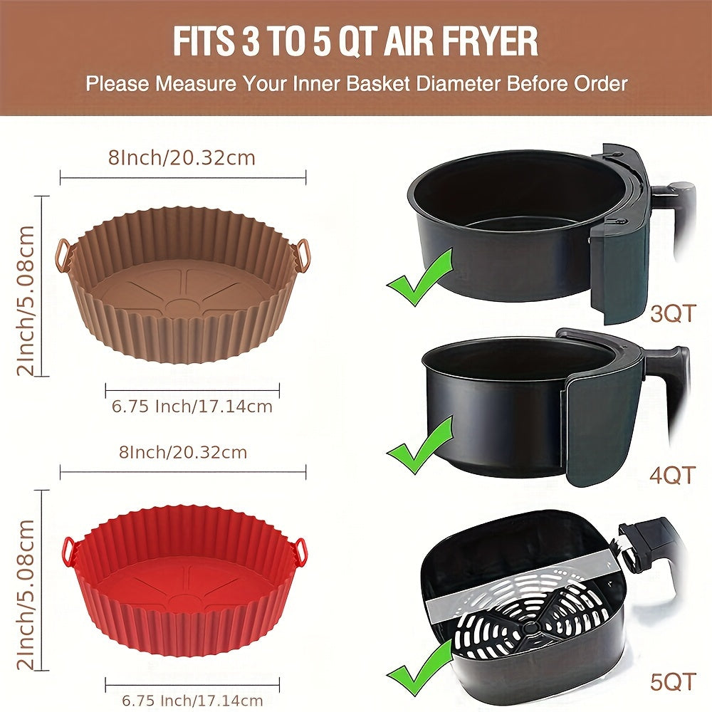 Set of 4 silicone liners for air fryer pots, suitable for 3 to 5 QT sizes. Can also be used in air fryer baskets as a replacement for flammable parchment paper. These reusable baking tray oven accessories have a top diameter of 8 inches and a bottom