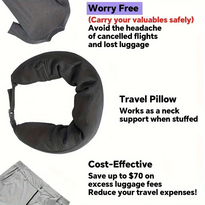 Travel comfortably and efficiently with the Portable 3-in-1 Neck Pillow, featuring built-in clothes storage. Made with a soft knitted polyester cover that is easy to spot clean with no printing, this lightweight pillow weighs only 250-300 gsm. An