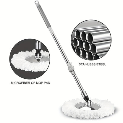 The Stainless Steel Spin Mop and Bucket Set includes 2/4/6 reusable pads for hands-free washing. This dual-use set is perfect for wet and dry floors, making it ideal for home, kitchen, and bathroom cleaning. The stainless steel design ensures durability