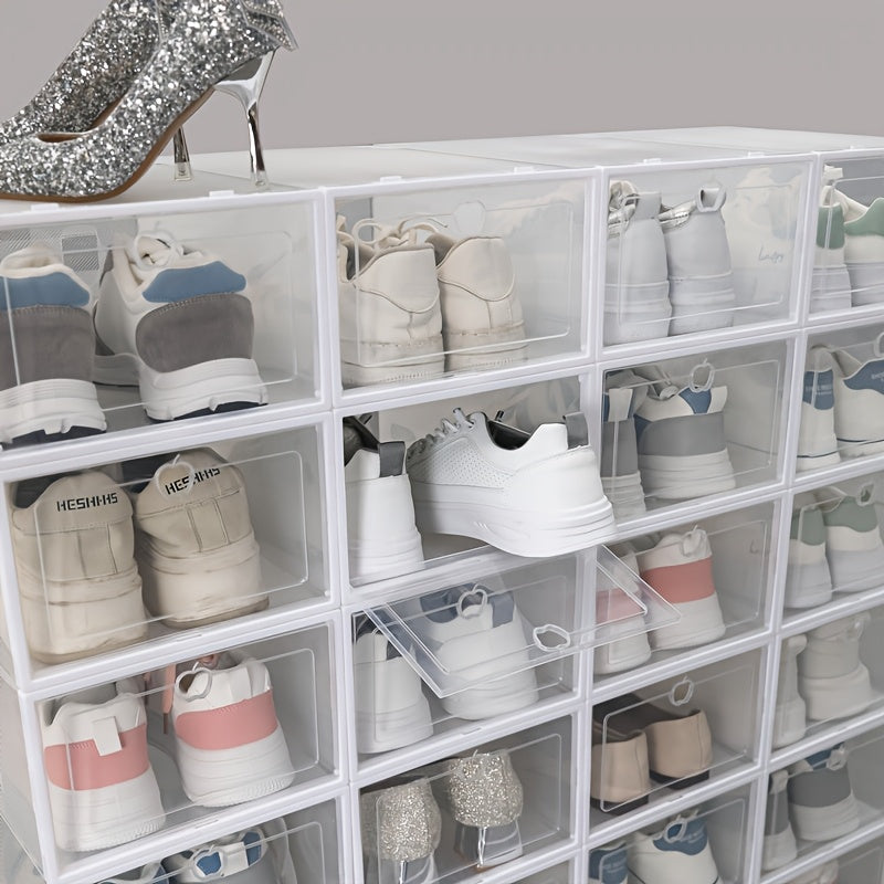 12 clear shoe boxes with hinged lids, collapsible storage containers, drawer-style clear shoe organizer, plastic shoe holder, multi-tier space-saving storage system.