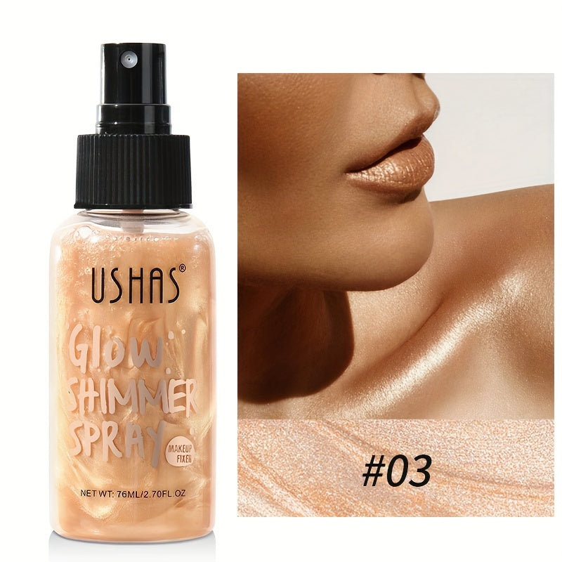 Glow Shimmer Spray: Waterproof liquid highlighter for face and body, provides long-lasting radiance. Easy application with spray nozzle, perfect for music festivals.