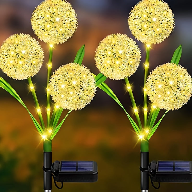 Dandelion LED plant stake light powered by solar energy, splashproof, ideal for outdoor gardens and yards.