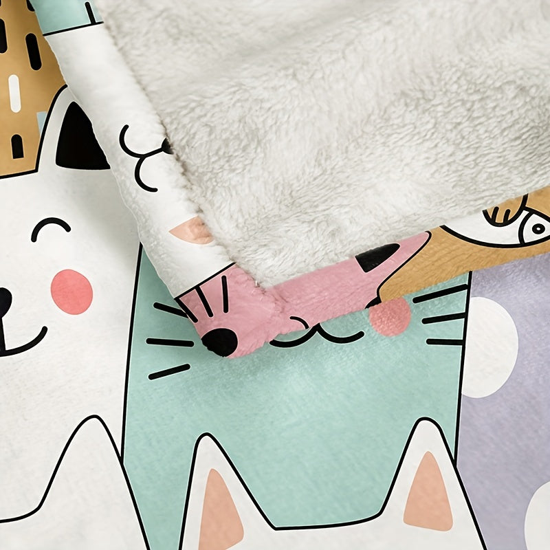 Soft and warm 1pc Cozy Cartoon Cat & Animal Letter Print Flannel Blanket made of high-weight polyester. Handwash only. Provides all-season comfort in vibrant mixed colors.