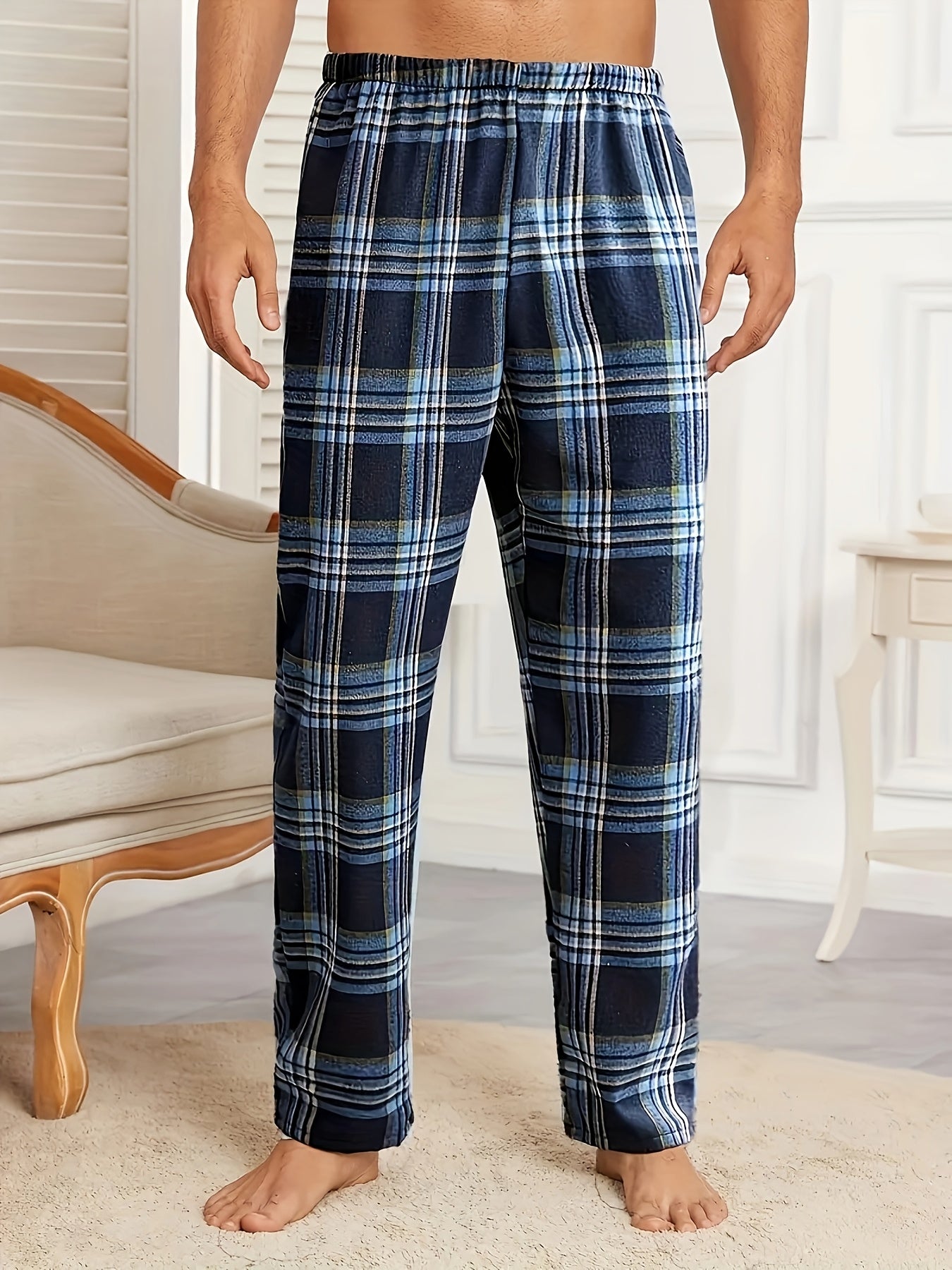 Comfortable men's sleep pants with tartan pattern, elastic waist, and pockets. Made from 95% polyester and 5% spandex, lightweight and soft. Suitable for all seasons.